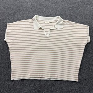 Cyrus Knit Polo Top Womens XL Cream Tan Striped Split Neck Short Sleeve Boxy